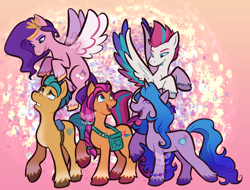 Size: 1366x1037 | Tagged: safe, artist:zkullcat, hitch trailblazer, izzy moonbow, pipp petals, sunny starscout, zipp storm, earth pony, pegasus, unicorn, g5, my little pony: a new generation, abstract background, coat markings, colored hooves, colored wings, eyebrows, flying, gradient background, mane five (g5), open mouth, open smile, raised hoof, simple background, smiling, socks (coat markings), unshorn fetlocks, wings