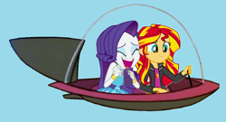 Size: 1146x620 | Tagged: safe, artist:guihercharly, rarity, sunset shimmer, equestria girls, g4, crossover, driving, flying, laughing, space car, spaceship, the jetsons