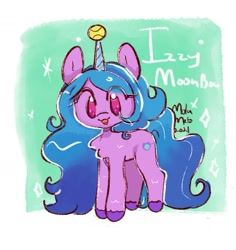 Size: 1419x1503 | Tagged: safe, artist:molamelo, izzy moonbow, pony, unicorn, g5, my little pony: a new generation, :3, backwards cutie mark, ball, chibi, colored hooves, cute, female, horn, hornball, izzy's tennis ball, izzybetes, looking at you, mare, open mouth, solo, tennis ball, unshorn fetlocks