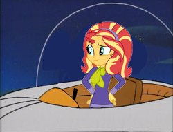 Size: 1053x810 | Tagged: safe, artist:guihercharly, sunset shimmer, equestria girls, g4, crossover, daphne blake, driving, glass dome, scooby-doo!, solo, space, space car, spaceship, the jetsons
