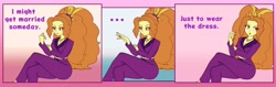 Size: 4096x1297 | Tagged: safe, artist:rileyav, adagio dazzle, human, equestria girls, g4, ..., 3 panel comic, breasts, clothes, comic, dialogue, eyelashes, female, hairband, hand, jewelry, pants, pendant, purple eyes, ring, solo, suit
