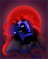 Size: 1280x1587 | Tagged: safe, artist:digisketchpad, nightmare moon, alicorn, pony, g4, blood moon, bust, claws, curved horn, ethereal mane, fangs, female, full moon, horn, hybrid wings, looking at you, looking back, looking back at you, mare, moon, open mouth, signature, slit pupils, solo, spread wings, wing claws, wings