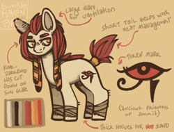 Size: 3300x2514 | Tagged: safe, artist:bumblehavenart, oc, oc only, earth pony, pony, ammit, ancient earth pony, ancient egypt, bumblehaven au, earthen, egypt, egyptian, egyptian pony, eyebrows, female, high res, leg wraps, mare, reference sheet, solo, tail, tail wrap