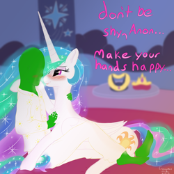 Size: 2000x2000 | Tagged: safe, artist:enonnnymous, princess celestia, oc, oc:anon, alicorn, human, pony, /sun/, bedroom, bedroom eyes, chest fluff, clothes, duo, ethereal mane, female, hand on chest fluff, heart eyes, high res, human on pony snuggling, mare, missing accessory, sharing breath, snuggling, wingding eyes