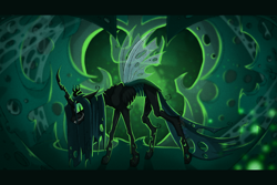 Size: 900x600 | Tagged: safe, artist:spectrasus, queen chrysalis, changeling, changeling queen, g4, anorexic, changeling hive, crown, evil grin, female, glowing, glowing eyes, grin, jewelry, looking at you, regalia, sharp teeth, signature, smiling, solo, teeth, transparent wings, wings