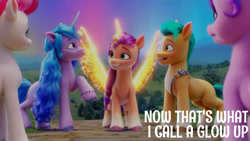 Size: 1280x720 | Tagged: safe, edit, edited screencap, editor:quoterific, screencap, hitch trailblazer, izzy moonbow, pipp petals, sunny starscout, zipp storm, alicorn, earth pony, pegasus, pony, unicorn, g5, my little pony: a new generation, spoiler:g5, spoiler:my little pony: a new generation, artificial horn, artificial wings, augmented, female, grin, horn, magic, magic horn, magic wings, male, mane five, mare, open mouth, race swap, smiling, stallion, sunnycorn, wings