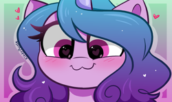 Size: 5125x3050 | Tagged: safe, artist:kittyrosie, izzy moonbow, pony, unicorn, g5, my little pony: a new generation, :3, blushing, bust, close-up, cute, female, heart, heart eyes, hi new friend, high res, izzybetes, mare, portrait, simple background, smiling, solo, wingding eyes