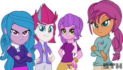 Size: 1280x733 | Tagged: safe, artist:sevthehedgehog, izzy moonbow, pipp petals, sunny starscout, zipp storm, equestria girls, g4, g5, my little pony equestria girls: friendship games, my little pony: a new generation, base used, crossed arms, equestria girls-ified, female, frown, g5 to equestria girls, g5 to g4, generation leap, hand on hip, simple background, smiling, smirk, transparent background