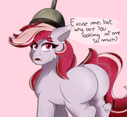 Size: 2450x2250 | Tagged: safe, artist:diamondgreenanimat0, sugar moonlight, earth pony, pony, g5, my little pony: a new generation, spoiler:my little pony: a new generation, 2021, butt, helmet, high res, large butt, pink background, pink eyes, pink hair, plot, shadow, simple background, solo, sugar moonbutt, surprised, watch