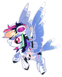 Size: 409x507 | Tagged: safe, artist:vintage-owll, rainbow dash, cyborg, pegasus, pony, g4, alternate design, amputee, artificial wings, augmented, bird tail, body freckles, body markings, coat markings, colored hooves, colored wings, colored wingtips, cute, cute little fangs, dappled, ear tufts, facial markings, fangs, flying, freckles, goggles, grin, mechanical wing, prosthetic leg, prosthetic limb, prosthetic wing, prosthetics, redesign, scaer, scar, simple background, smiling, socks (coat markings), solo, spread wings, tail, transparent background, wings