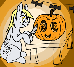 Size: 1737x1571 | Tagged: source needed, safe, artist:cookiepawbs, derpy hooves, pegasus, pony, g4, halloween, halloween 2021, holiday, jack-o-lantern, knife, pumpkin, pumpkin carving, requested art, solo