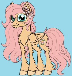 Size: 876x932 | Tagged: safe, artist:rosefang16, oc, oc only, oc:peach blossom, pegasus, pony, blue background, chest fluff, female, flower, flower in hair, freckles, hoof fluff, mare, offspring, parent:big macintosh, parent:fluttershy, parents:fluttermac, pegasus oc, simple background, solo