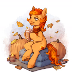 Size: 1920x1991 | Tagged: safe, artist:birdoffnorth, oc, oc only, oc:autumn sunrise, earth pony, pony, autumn, candle, chocolate, clothes, commission, drink, eyebrows, female, food, hoof hold, hot chocolate, leaves, mare, pumpkin, scarf, simple background, sitting, solo, underhoof, unshorn fetlocks, whipped cream, white background, ych result