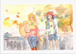 Size: 1680x1192 | Tagged: safe, artist:han2903287, applejack, rainbow dash, human, g4, female, guitar, humanized, leaves, lesbian, musical instrument, ship:appledash, shipping, traditional art, watercolor painting