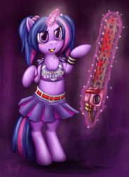Size: 2851x3902 | Tagged: safe, artist:hirurux, twilight sparkle, pony, unicorn, g4, belt, bipedal, candy, chainsaw, clothes, crossover, female, food, high res, juliet starling, lollipop, lollipop chainsaw, magic, mare, pigtails, pleated skirt, skirt, solo, tank top, tara strong, telekinesis, twintails, unicorn twilight, voice actor joke, weapon, wristband