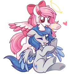 Size: 1000x1000 | Tagged: safe, artist:艾梦, oc, oc:bubble cloud, oc:zephyrpony, pegasus, pony, bow, couple, hair bow, halo, heart, heart eyes, looking up, one eye closed, pegasus oc, simple background, spread wings, white background, wingding eyes, wings
