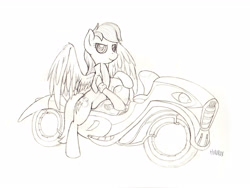 Size: 3600x2700 | Tagged: safe, artist:hirurux, rainbow dash, pegasus, pony, g4, clothes, female, high res, jacket, monochrome, motorcycle, pencil drawing, sketch, solo, traditional art, wip