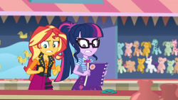 Size: 3410x1920 | Tagged: safe, screencap, sci-twi, sunset shimmer, twilight sparkle, equestria girls, equestria girls series, g4, rollercoaster of friendship, bowtie, clothes, cutie mark, cutie mark on clothes, female, geode of empathy, geode of telekinesis, glasses, high res, jacket, jewelry, leather, leather jacket, magical geodes, necklace, notebook, ponytail