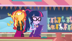 Size: 3410x1920 | Tagged: safe, screencap, sci-twi, sunset shimmer, twilight sparkle, equestria girls, equestria girls series, g4, rollercoaster of friendship, bowtie, clothes, come on, cutie mark, cutie mark on clothes, eyes closed, female, geode of empathy, glasses, high res, jacket, jewelry, leather, leather jacket, magical geodes, necklace, nose in the air, ponytail, teeth