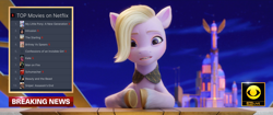 Size: 1920x804 | Tagged: safe, edit, edited screencap, screencap, dazzle feather, pegasus, pony, g5, my little pony: a new generation, breaking news, caption, female, hoof hold, looking at you, mare, meme, netflix, news, ranking, solo, text, unshorn fetlocks, zephyr heights