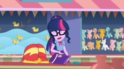 Size: 3410x1920 | Tagged: safe, screencap, sci-twi, sunset shimmer, twilight sparkle, equestria girls, equestria girls series, g4, rollercoaster of friendship, bowtie, clothes, cutie mark, cutie mark on clothes, eyes closed, female, geode of telekinesis, glasses, high res, jewelry, magical geodes, necklace, open mouth, ponytail