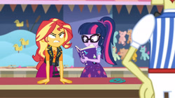 Size: 3410x1920 | Tagged: safe, screencap, flim, sci-twi, sunset shimmer, twilight sparkle, equestria girls, equestria girls series, g4, rollercoaster of friendship, clothes, cutie mark, cutie mark on clothes, female, geode of empathy, glasses, high res, jacket, jewelry, leather, leather jacket, magical geodes, male, necklace, notebook, ponytail