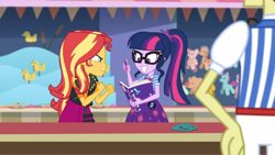 Size: 3410x1920 | Tagged: safe, screencap, flim, sci-twi, sunset shimmer, twilight sparkle, equestria girls, equestria girls series, g4, rollercoaster of friendship, bowtie, clothes, cutie mark, cutie mark on clothes, female, geode of telekinesis, glasses, grin, high res, jacket, jewelry, leather, leather jacket, magical geodes, male, necklace, notebook, ponytail, smiling