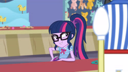 Size: 3410x1920 | Tagged: safe, screencap, flim, sci-twi, twilight sparkle, equestria girls, equestria girls series, g4, rollercoaster of friendship, bowtie, clothes, cutie mark, cutie mark on clothes, female, geode of telekinesis, glasses, grin, high res, jewelry, magical geodes, male, necklace, ponytail, smiling