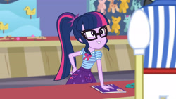 Size: 3410x1920 | Tagged: safe, screencap, flim, sci-twi, twilight sparkle, equestria girls, equestria girls series, g4, rollercoaster of friendship, bowtie, clothes, cutie mark, cutie mark on clothes, female, geode of telekinesis, glasses, grin, high res, jewelry, magical geodes, male, necklace, ponytail, smiling