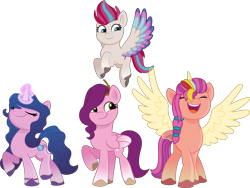 Size: 4084x3066 | Tagged: safe, artist:thatusualguy06, izzy moonbow, pipp petals, sunny starscout, zipp storm, alicorn, pegasus, pony, unicorn, g5, my little pony: a new generation, spoiler:g5, spoiler:my little pony: a new generation, .svg available, alternate versions at source, colored wings, colored wingtips, eyes closed, female, flying, group, high res, magic, magic aura, mane stripe sunny, mare, open mouth, race swap, raised hoof, simple background, smiling, sunnycorn, transparent background, unshorn fetlocks, vector, wings