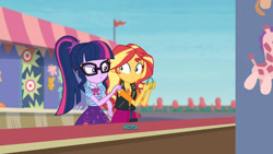 Size: 3410x1920 | Tagged: safe, screencap, sci-twi, sunset shimmer, twilight sparkle, equestria girls, equestria girls series, g4, rollercoaster of friendship, bowtie, clothes, cutie mark, cutie mark on clothes, female, geode of empathy, geode of telekinesis, glasses, high res, jacket, jewelry, leather, leather jacket, magical geodes, necklace, ponytail, shrunken pupils