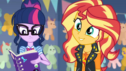 Size: 3410x1920 | Tagged: safe, screencap, sci-twi, sunset shimmer, twilight sparkle, equestria girls, equestria girls specials, g4, my little pony equestria girls: better together, my little pony equestria girls: rollercoaster of friendship, clothes, cute, cutie mark, cutie mark on clothes, female, geode of empathy, geode of telekinesis, glasses, high res, jacket, jewelry, leather, leather jacket, magical geodes, necklace, notebook, ponytail, shimmerbetes, smiling