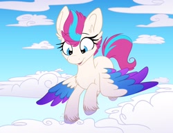 Size: 2795x2160 | Tagged: safe, artist:lbrcloud, zipp storm, pegasus, pony, g5, my little pony: a new generation, cloud, colored hooves, colored wings, eyebrows, eyebrows visible through hair, female, flying, high res, mare, ponytober, sky, solo, unshorn fetlocks, wings