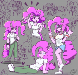 Size: 1280x1229 | Tagged: safe, artist:genericmlp, pinkie pie, earth pony, pony, anthro, g4, blunt, clothes, crying, emanata, hand on hip, hooves on cheeks, multeity, one eye closed, pants, shirt, shorts, sketch, sketch dump, smiling, smoking, socks, solo, sweatband, tongue out, too much pink energy is dangerous, wink