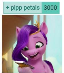 Size: 1104x1244 | Tagged: safe, edit, edited screencap, screencap, pipp petals, pegasus, pony, derpibooru, g5, my little pony: a new generation, spoiler:my little pony: a new generation, female, happy, mare, meta, milestone, open mouth, open smile, phone, smiling, solo, tags