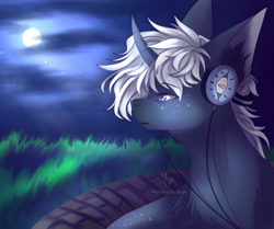 Size: 960x803 | Tagged: safe, artist:primarylilybrisk, oc, oc only, pony, unicorn, bust, curved horn, ear fluff, freckles, full moon, grass, headphones, horn, male, moon, night, night sky, outdoors, signature, sky, solo, stallion