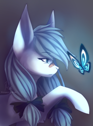 Size: 716x960 | Tagged: safe, artist:primarylilybrisk, oc, oc only, butterfly, pony, bandaid, bandaid on nose, bow, female, hair bow, mare, signature, solo
