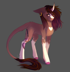 Size: 1658x1700 | Tagged: safe, artist:primarylilybrisk, oc, oc only, pony, unicorn, cloven hooves, coat markings, curved horn, ear piercing, earring, horn, jewelry, leonine tail, piercing, signature, socks (coat markings), solo, standing, tail