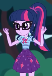 Size: 353x510 | Tagged: safe, screencap, sci-twi, twilight sparkle, equestria girls, g4, my little pony equestria girls: better together, stressed in show, stressed in show: fluttershy, :|, bow, clothes, confused, cropped, cute, cutie mark on clothes, dilated pupils, geode of telekinesis, glasses, hands up, hmm, jewelry, magical geodes, pendant, polo shirt, ponytail, sci-twi skirt, skirt, solo