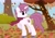 Size: 2970x2100 | Tagged: safe, artist:candy meow, oc, oc only, oc:white squirrel, pony, unicorn, legends of equestria, autumn, bush, clothes, cloud, digital art, falling leaves, female, forest, game, grass, high res, horn, leaf, leaves, looking back, looking over shoulder, mane, mare, outdoors, raised hoof, scarf, shadow, show accurate, sky, smiling, solo, standing, tail, tree, two toned mane, two toned tail, unicorn oc, video game, white tail park