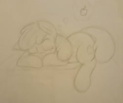 Size: 1280x1069 | Tagged: safe, artist:howl echoes, apple bloom, earth pony, pony, g4, apple, dream, eyes closed, female, filly, food, lying down, monochrome, prone, sketch, sleeping, solo, that pony sure does love apples