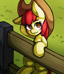 Size: 1157x1323 | Tagged: safe, artist:kyouman1010, apple bloom, earth pony, pony, g4, blushing, female, filly, hat, solo