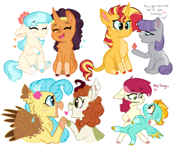 Size: 2732x2272 | Tagged: safe, artist:moccabliss, autumn blaze, coco pommel, lightning dust, maud pie, princess skystar, roseluck, saffron masala, sunset shimmer, classical hippogriff, hippogriff, kirin, pony, g4, my little pony: the movie, autumnstar, blushing, chibi, cocobetes, cocomasala, curved horn, cute, daaaaaaaaaaaw, female, flirting, gem, heart, high res, horn, leonine tail, lesbian, lightningluck, maudset, maudshimmer, saffronbetes, shipping, simple background, tail, white background