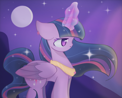 Size: 2500x2000 | Tagged: safe, artist:miryelis, twilight sparkle, alicorn, pony, g4, the last problem, full moon, glowing, glowing horn, happy birthday mlp:fim, high res, horn, jewelry, mlp fim's eleventh anniversary, moon, night, older, older twilight, older twilight sparkle (alicorn), princess twilight 2.0, regalia, solo, twilight sparkle (alicorn)