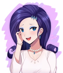 Size: 1786x2056 | Tagged: safe, artist:lilshironeko, rarity, human, g4, bracelet, cute, female, humanized, jewelry, necklace, open mouth, partial background, simple background, solo, white background