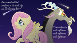 Size: 664x373 | Tagged: artist needed, safe, discord, fluttershy, draconequus, pegasus, pony, g4, aeroplanes and meteor showers, airplanes (song), antlers, crying, duo, fangs, female, male, meme, night, open mouth, ship:discoshy, shipping, shooting star, shooting stars, show accurate, sky, straight, text