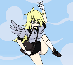 Size: 1368x1231 | Tagged: safe, artist:_mssj9, derpibooru exclusive, derpy hooves, human, g4, bag, blonde, blonde hair, clothes, cloud, eye clipping through hair, eyebrows, eyebrows visible through hair, eyelashes, gloves, humanized, mouth hold, pegasus wings, pleated skirt, shoulder bag, skirt, smiling, socks, solo, underwear, winged humanization, wings