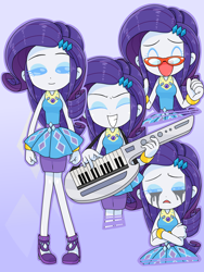 Size: 1668x2224 | Tagged: safe, artist:batipin, rarity, equestria girls, g4, eyes closed, female, glasses, grin, keytar, makeup, musical instrument, open mouth, open smile, rarity peplum dress, rarity's glasses, running makeup, smiling