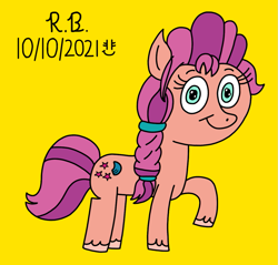 Size: 1131x1080 | Tagged: safe, artist:royalsmurf, artist:smurfettyblue, sunny starscout, earth pony, pony, g5, my little pony: a new generation, anniversary, backwards cutie mark, colored hooves, happy birthday mlp:fim, mlp fim's eleventh anniversary, simple background, solo, unshorn fetlocks, yellow background