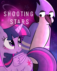 Size: 600x750 | Tagged: safe, artist:queenbluestar, twilight sparkle, alicorn, bird, blue jay, pony, g4, airplanes (song), blushing, crossover, crossover shipping, duo, female, male, mordecai, mordetwi, regular show, shipping, straight, twilight sparkle (alicorn)